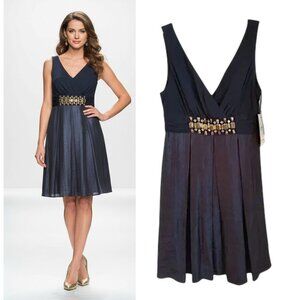 NW Collections Cocktail Dress Women's Sz 14 Navy Sleeveless Pleated Embellished